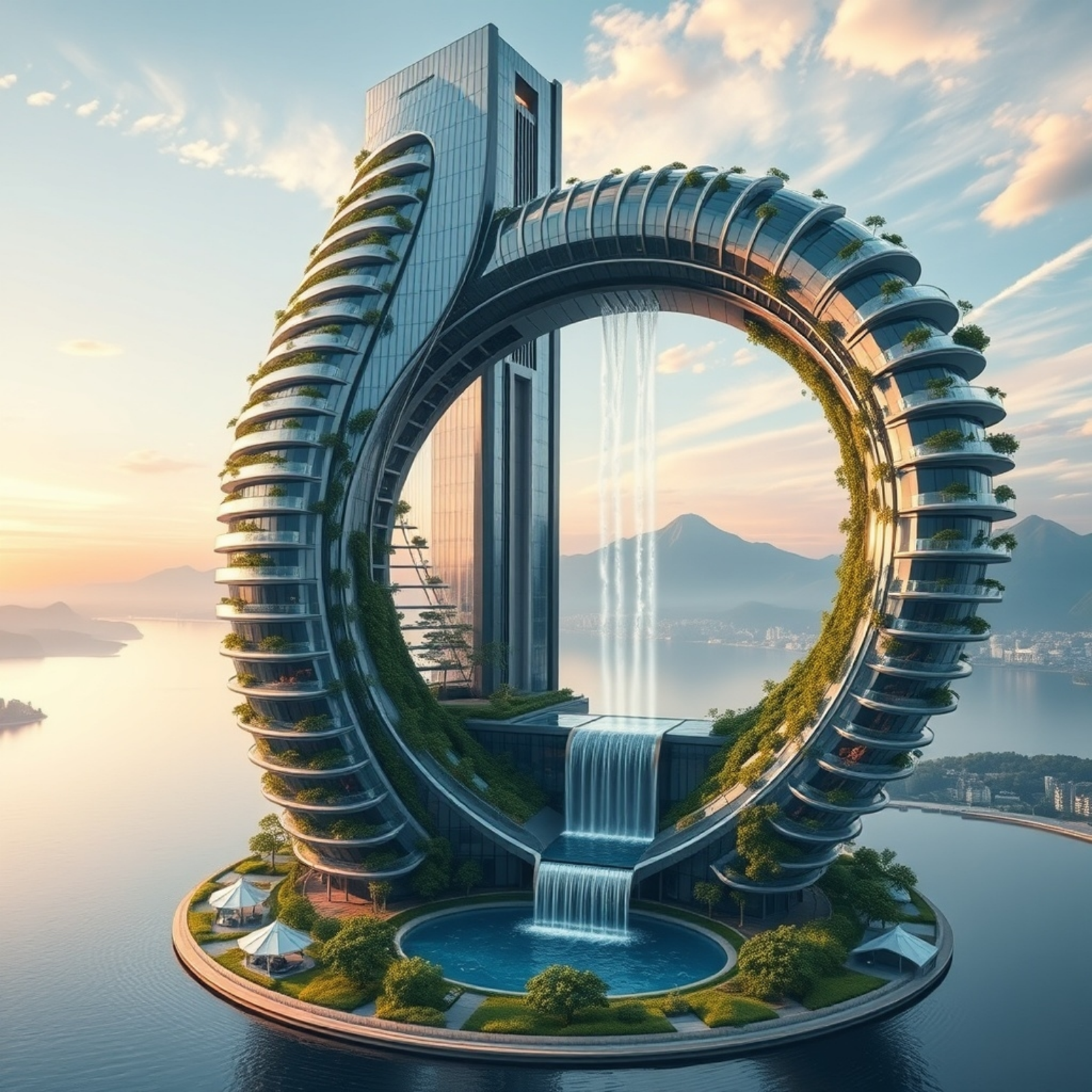 Cutting-edge skyscraper design with curved architecture, greenery, and water integration.