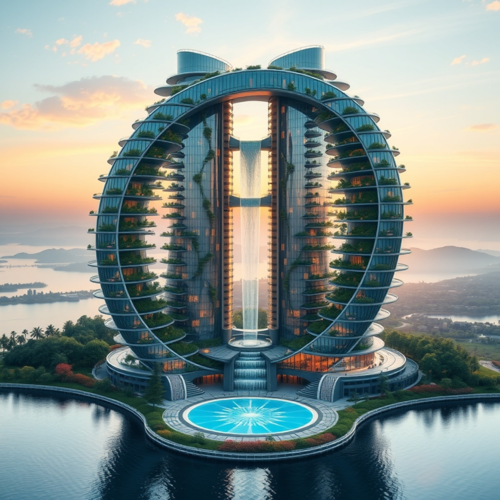 A futuristic skyscraper with biophilic design elements and circular architecture nestled in nature.