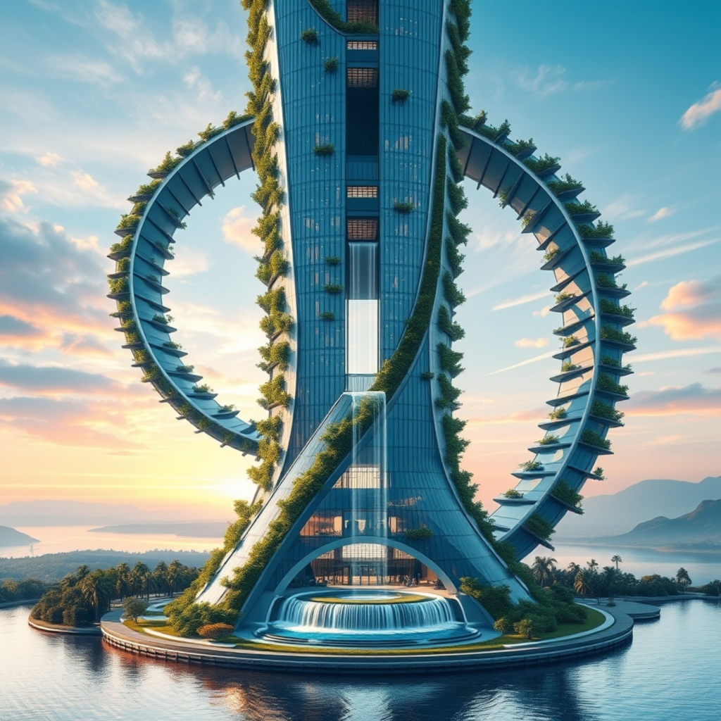 High-tech circular skyscraper embracing organic forms with lush greenery and modern water features.