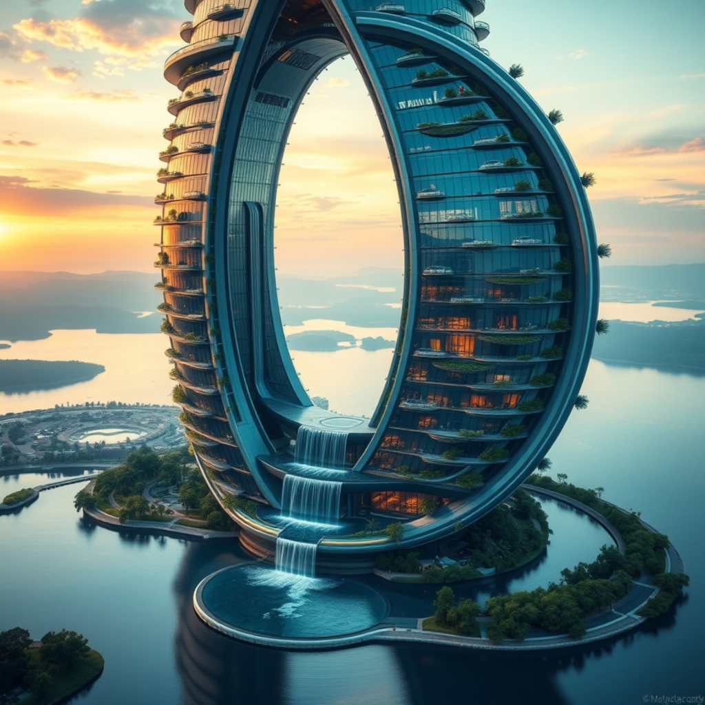 Futuristic architectural marvel showcasing a circular skyscraper with cascading waterfalls and greenery.