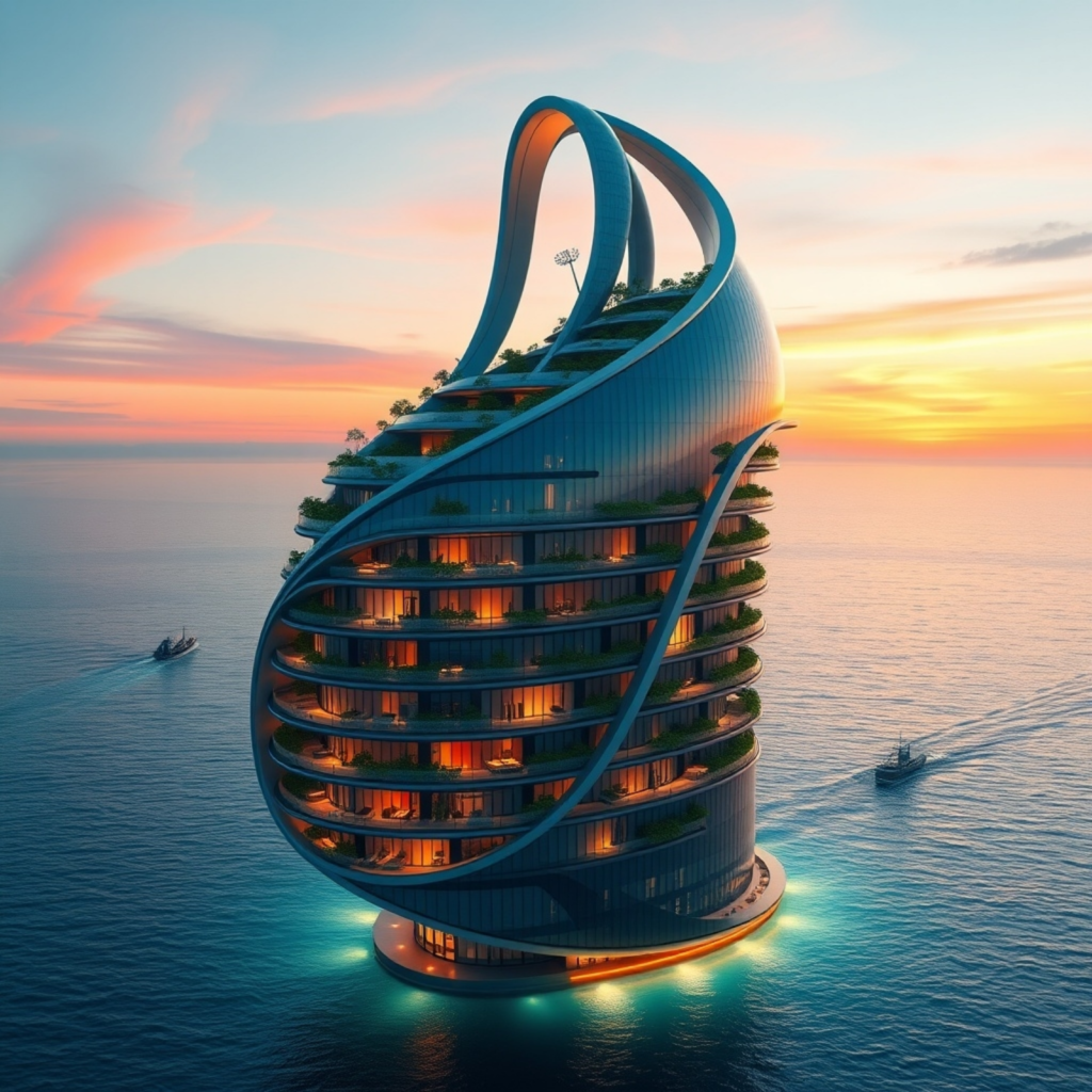 Twisting Futuristic Tower on Water