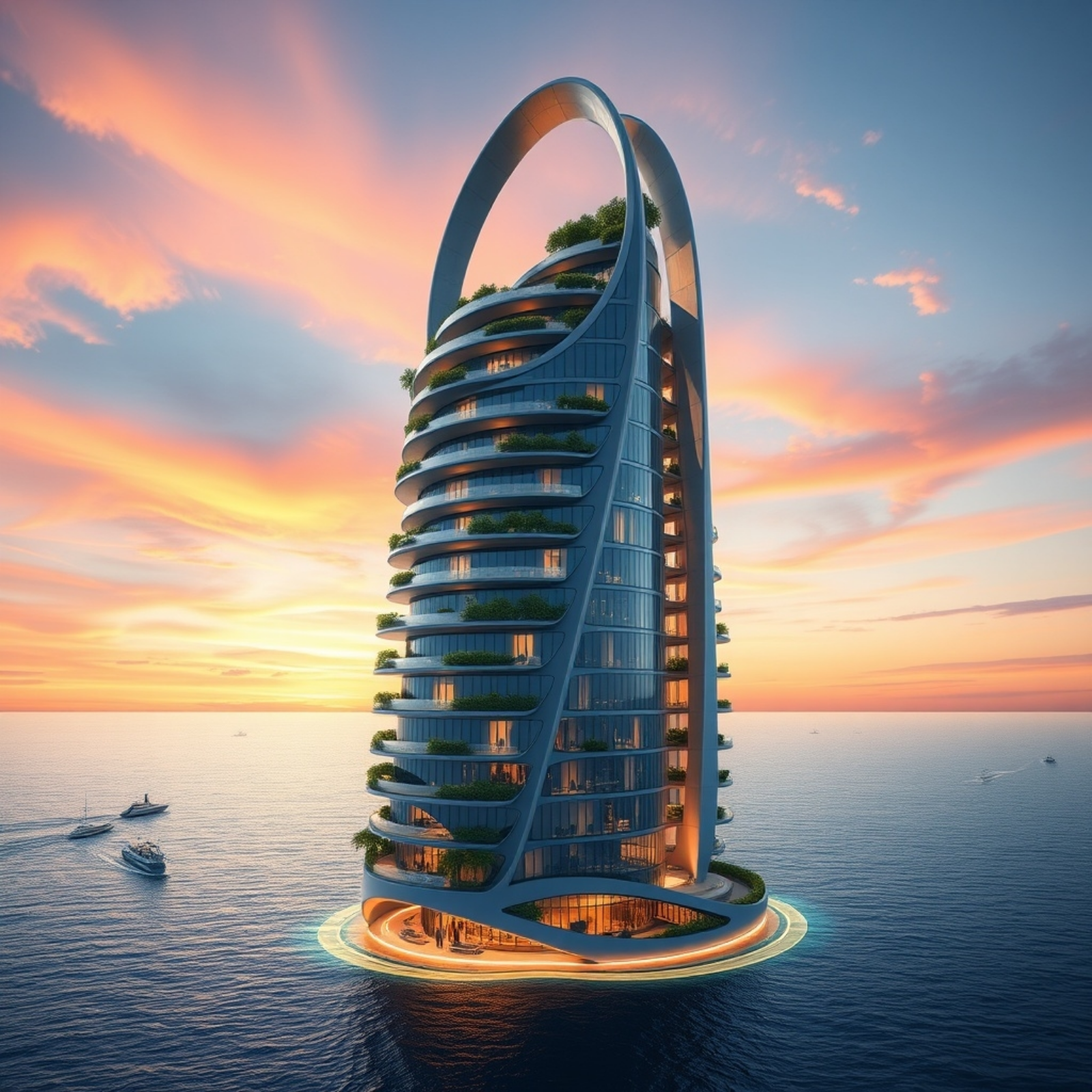 Curved Floating Tower at Dusk