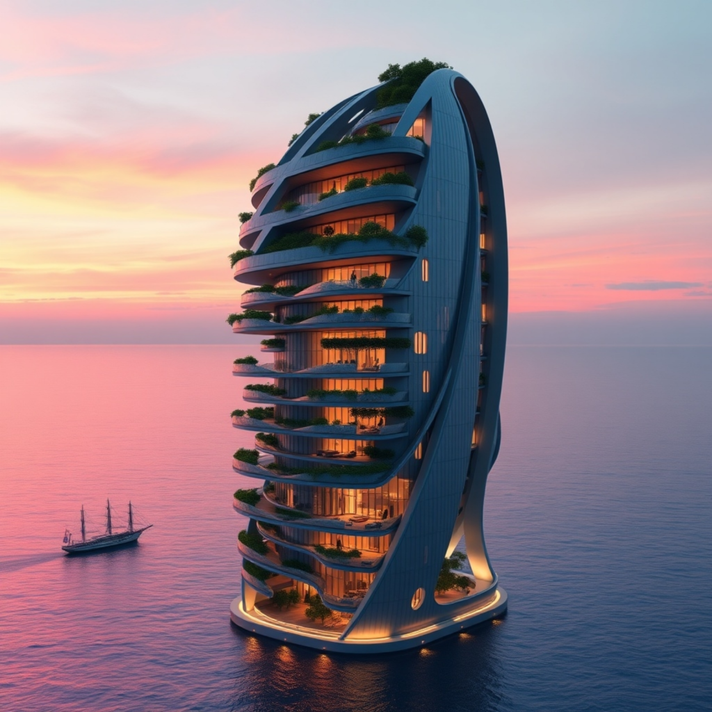 Futuristic High-Rise Tower at Sunset