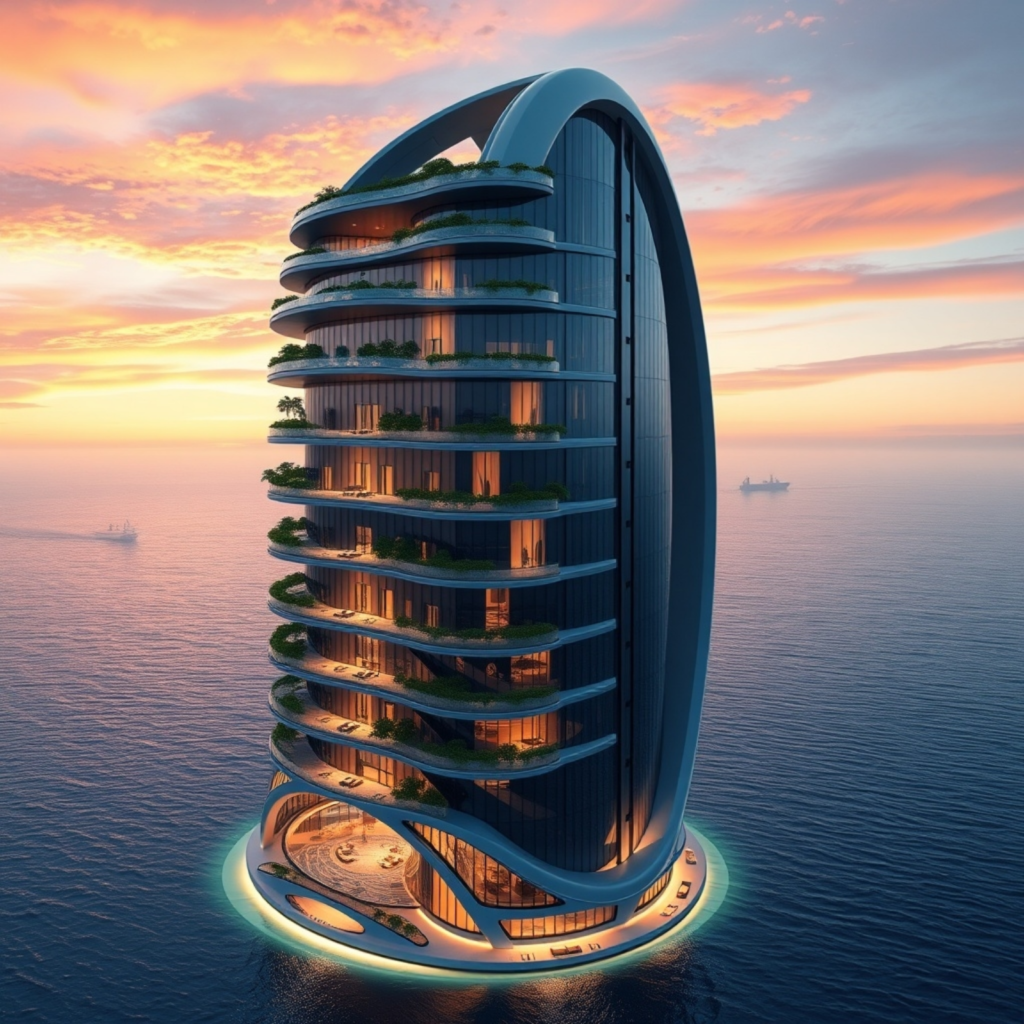 Futuristic Floating Tower by the Sea