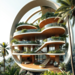 Futuristic tropical architecture featuring curved, open structures with organic designs, integrating lush greenery and biophilic elements for sustainable living.