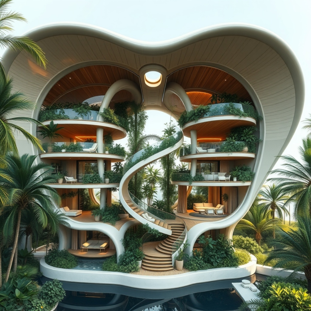 Futuristic tropical home featuring an open, organic structure with curved balconies, lush greenery, and a central spiral staircase, embodying biophilic design and sustainable living.