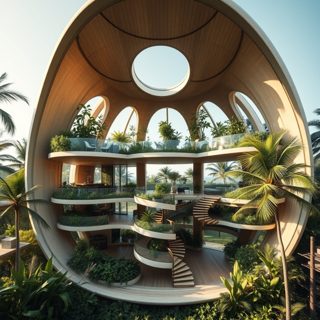 Open-concept tropical home with a vaulted, curved structure featuring lush green terraces, a central spiral staircase, and abundant natural light, embodying biophilic and sustainable architecture.