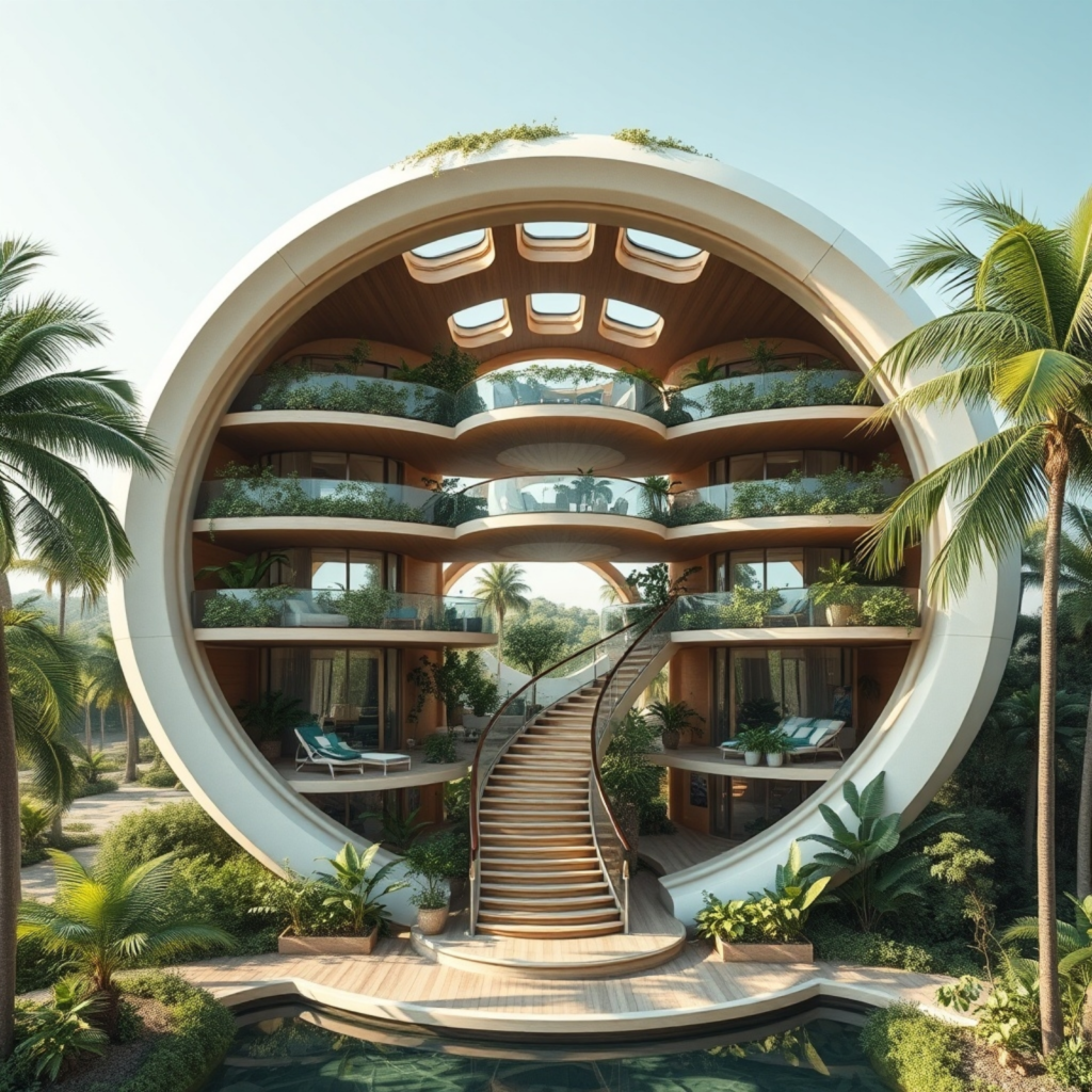 Circular tropical home with open balconies, a central curved staircase, and lush greenery integrated into the design, showcasing futuristic biophilic architecture in a natural setting.