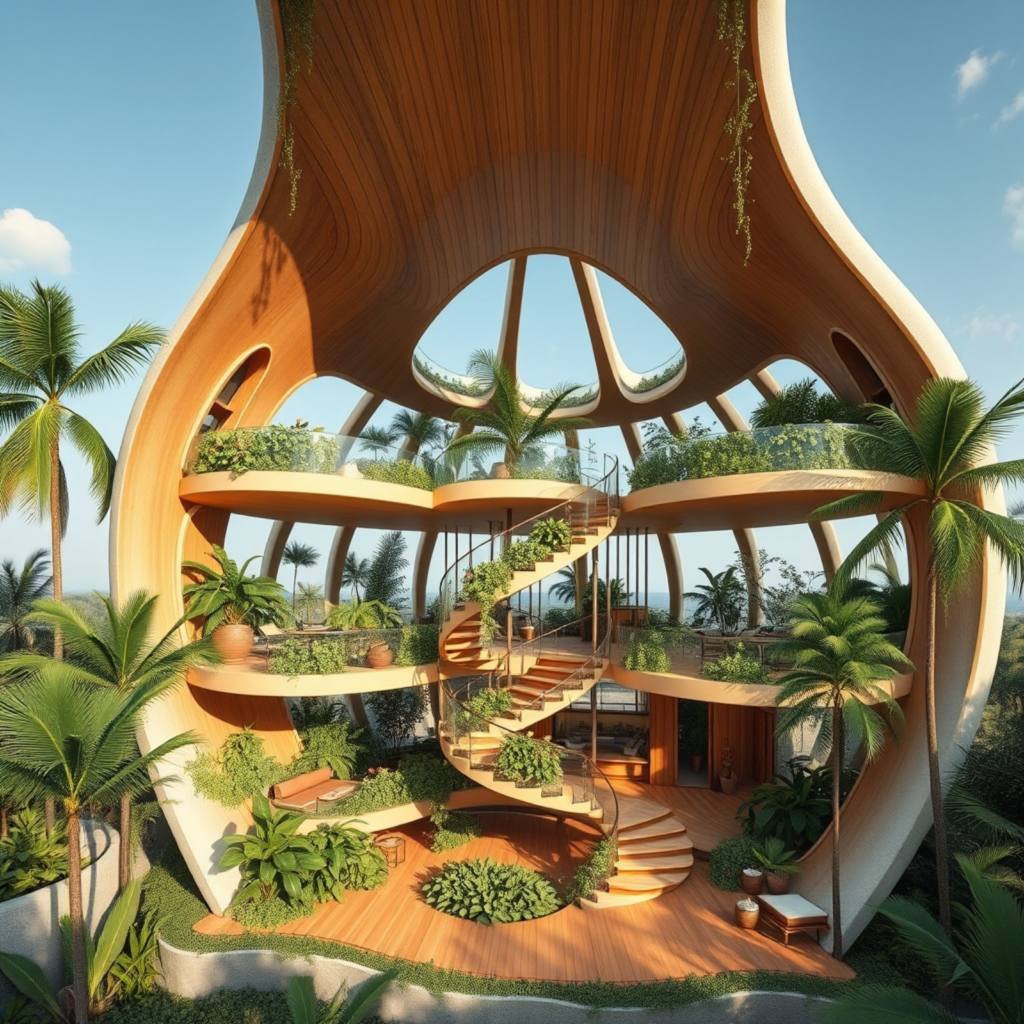 Futuristic tropical home with a vaulted wooden structure, open green terraces, and a central spiral staircase, blending biophilic design with natural materials for sustainable living.