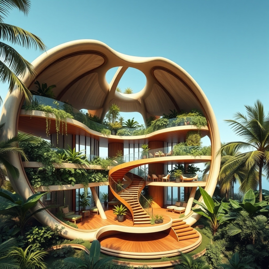 Futuristic tropical home featuring an open, organic structure with curved balconies, lush greenery, and a central spiral staircase, embodying biophilic design and sustainable living.