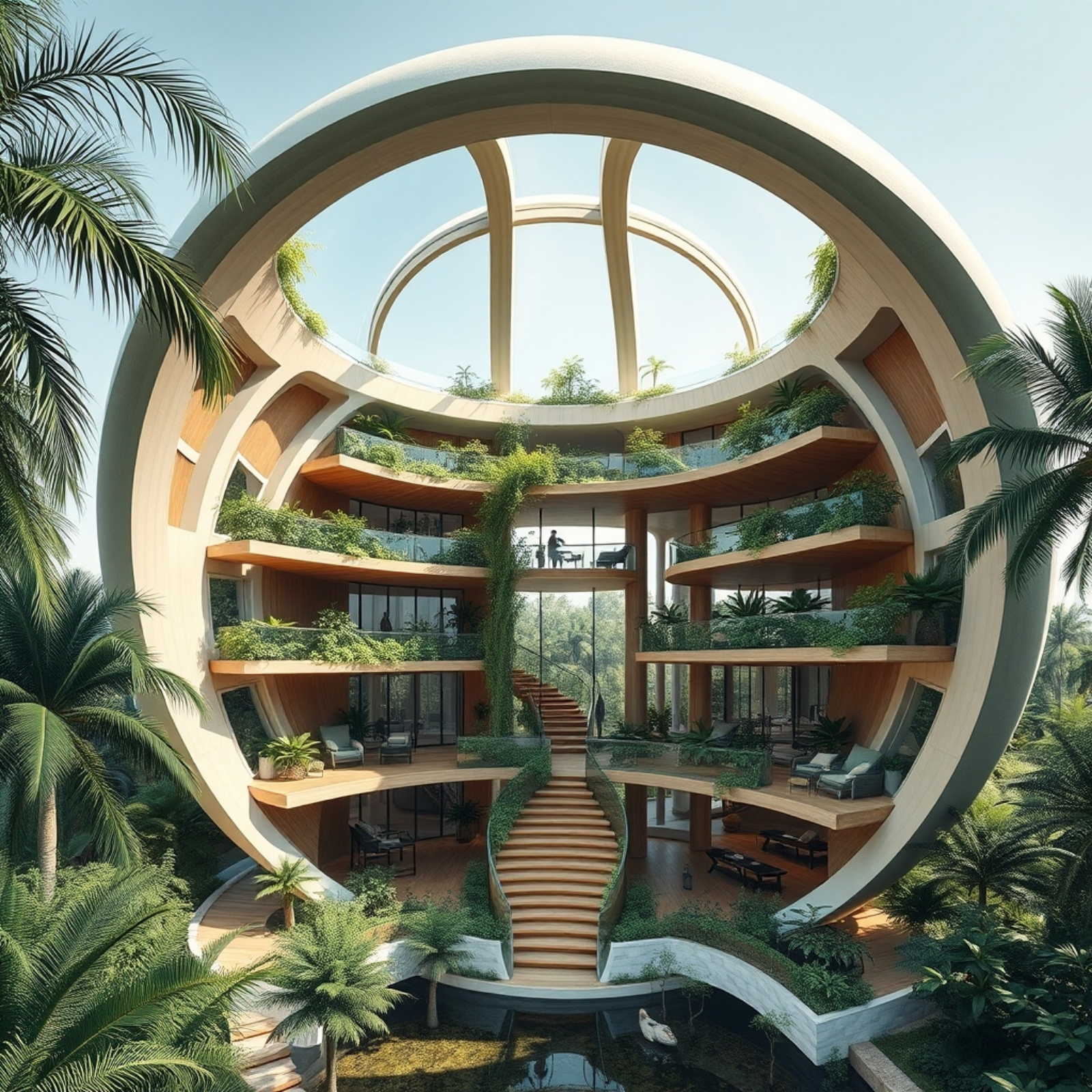 Circular tropical home with layered green terraces, curved wooden structures, and an open central atrium, showcasing biophilic design and organic architectural forms.