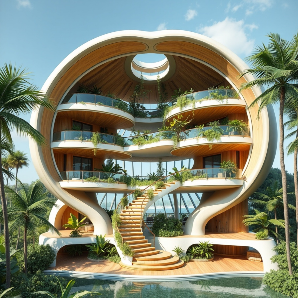 Circular tropical home with multiple green terraces, curved wooden structures, and a central staircase, showcasing biophilic design and sustainable architecture.
