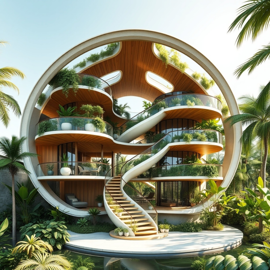 Circular tropical home with layered green terraces, curved wooden balconies, and a spiral staircase, featuring organic architectural forms and biophilic design.