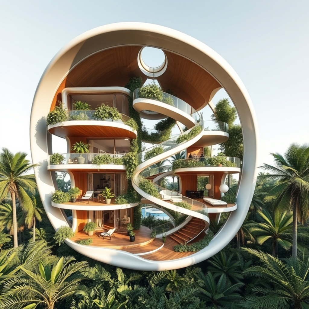 Circular tropical home with spiral staircase, flowing green terraces, and open balconies, showcasing organic architectural design and biophilic elements.
