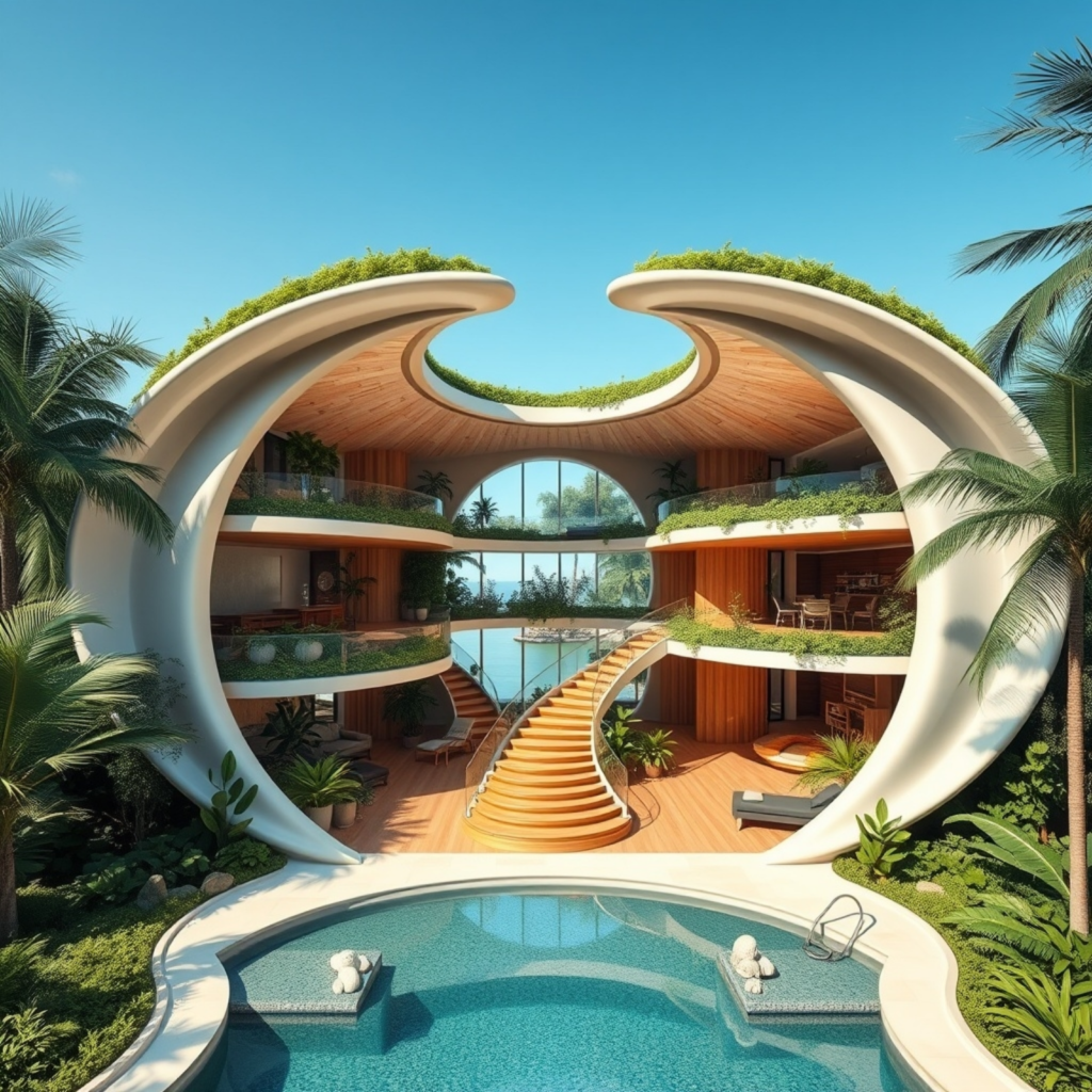 Tropical circular home with an open, curved design, spiral staircase, and poolside view, integrating lush greenery and natural elements.