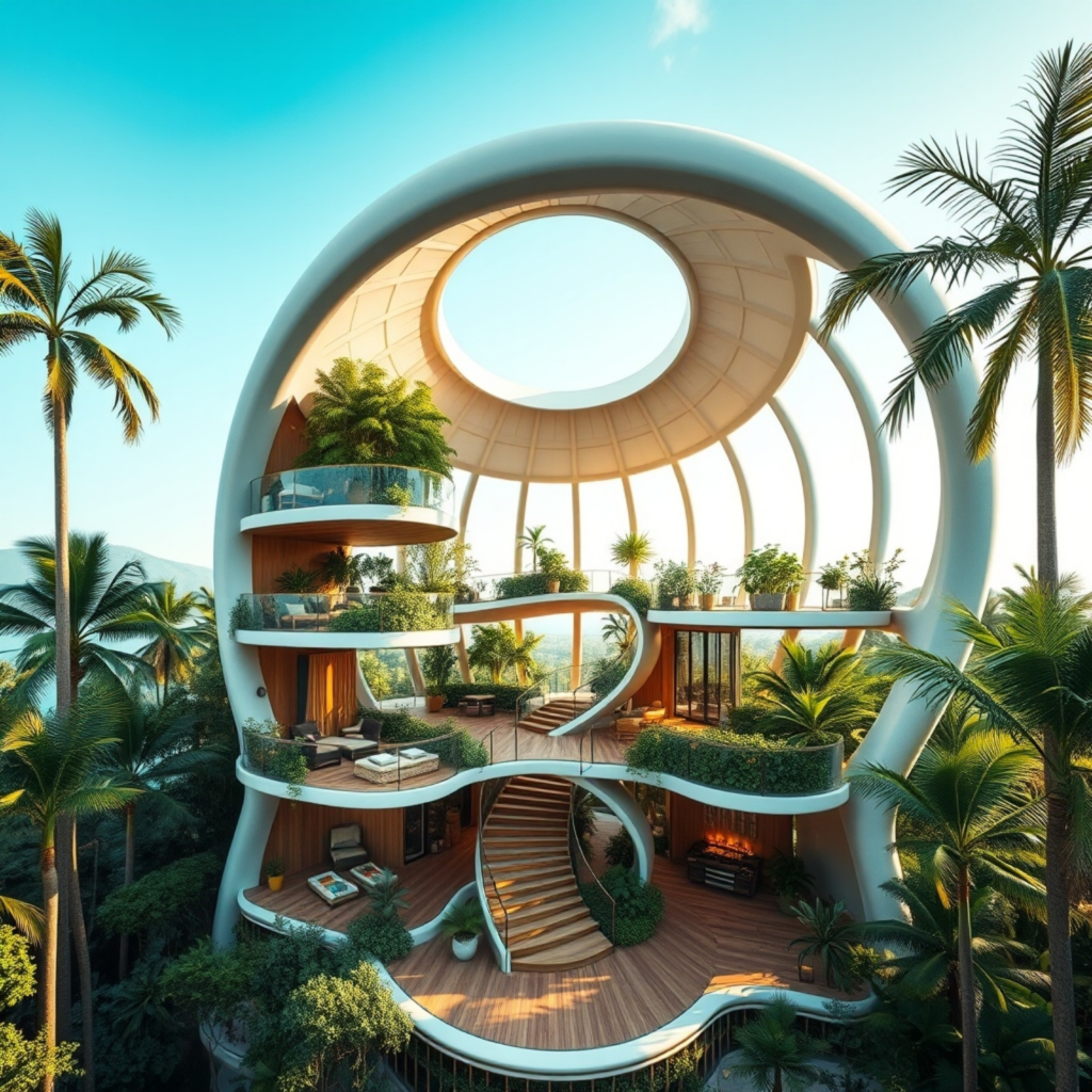 Open circular tropical house design with large skylight, surrounded by palm trees, featuring modern architecture integrated with nature.
