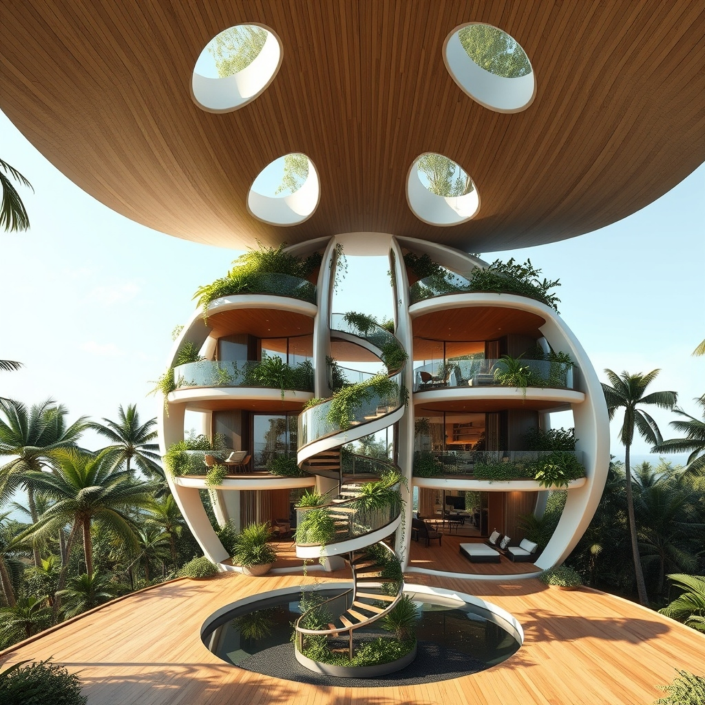 Circular multi-level tropical house with spiral staircase, integrated greenery, and circular skylights, surrounded by palm trees.