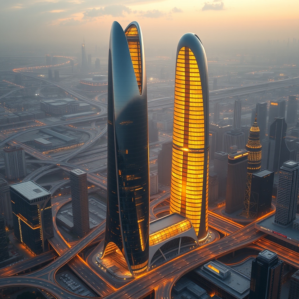 A pair of sleek, futuristic skyscrapers illuminated by golden light at sunset, integrated into a sprawling modern cityscape with intricate highways and urban infrastructure.