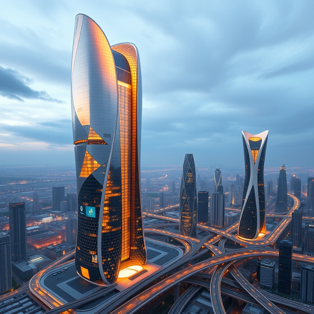 A futuristic smart city featuring modern skyscrapers with sleek, curving designs and integrated smart technologies, reimagining urban spaces for sustainability and innovation.