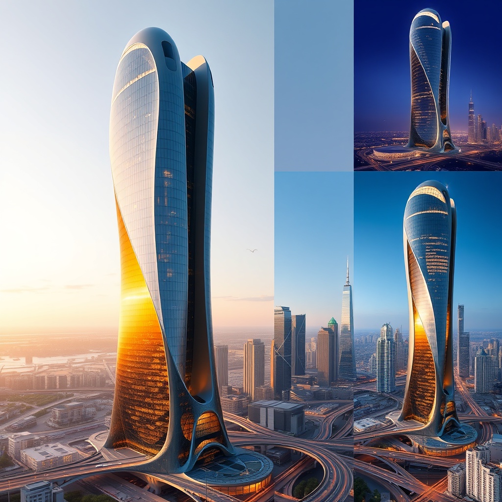 A futuristic skyscraper with a curving, organic design standing tall in an innovative smart cityscape, showcasing the blend of modern architecture and cutting-edge urban planning.