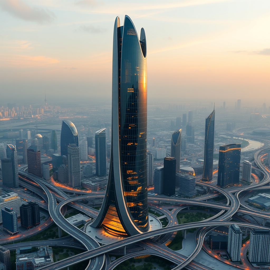 A towering futuristic skyscraper rising from a network of curving roads in a modern smart city, exemplifying the integration of architecture and cutting-edge technology.