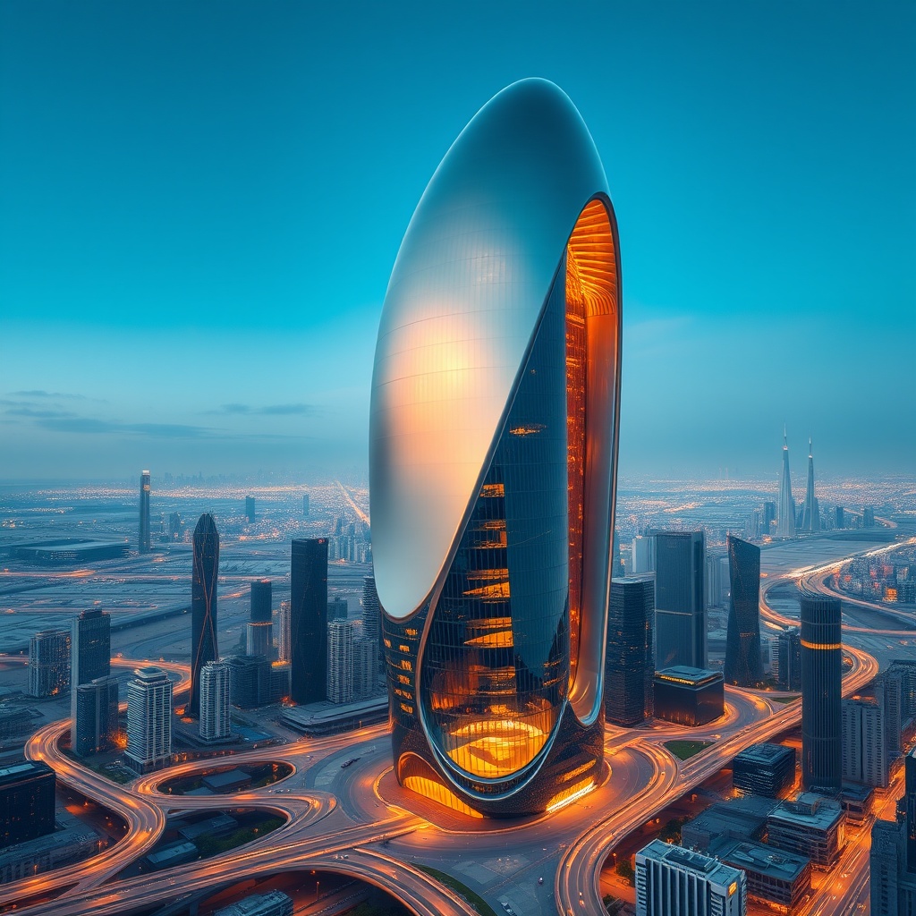 A sleek, futuristic skyscraper with a curving, oval shape illuminated by city lights, standing tall in a smart city with advanced road systems and modern urban design.