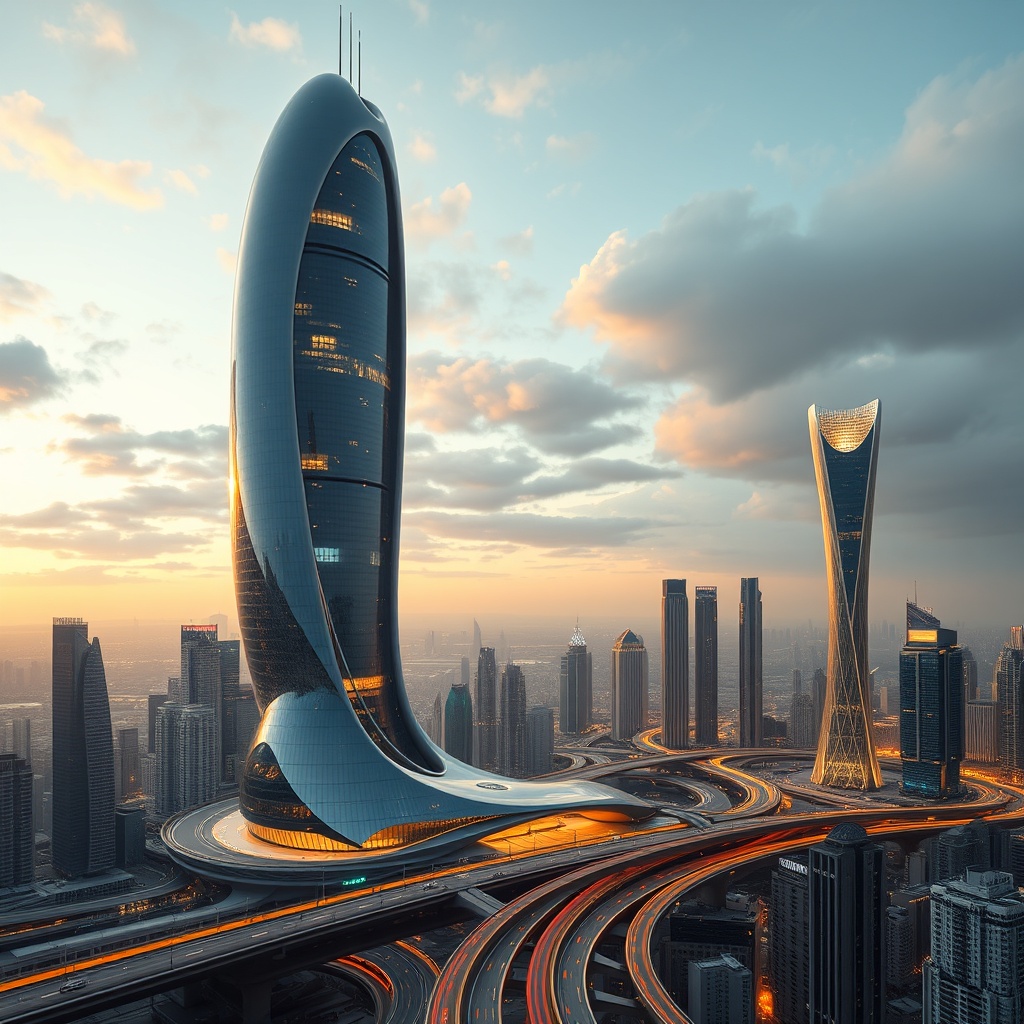 A futuristic, sleek skyscraper with a curved design and reflective surfaces, bathed in golden sunlight, set against a modern cityscape with complex highway intersections.