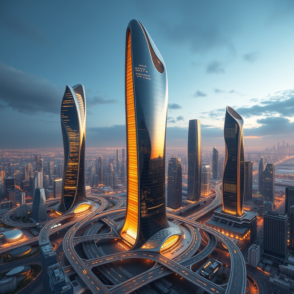 A cluster of futuristic skyscrapers with sleek, curved designs and reflective surfaces, illuminated by the setting sun, surrounded by intricate, multilayered highways in a modern city.
