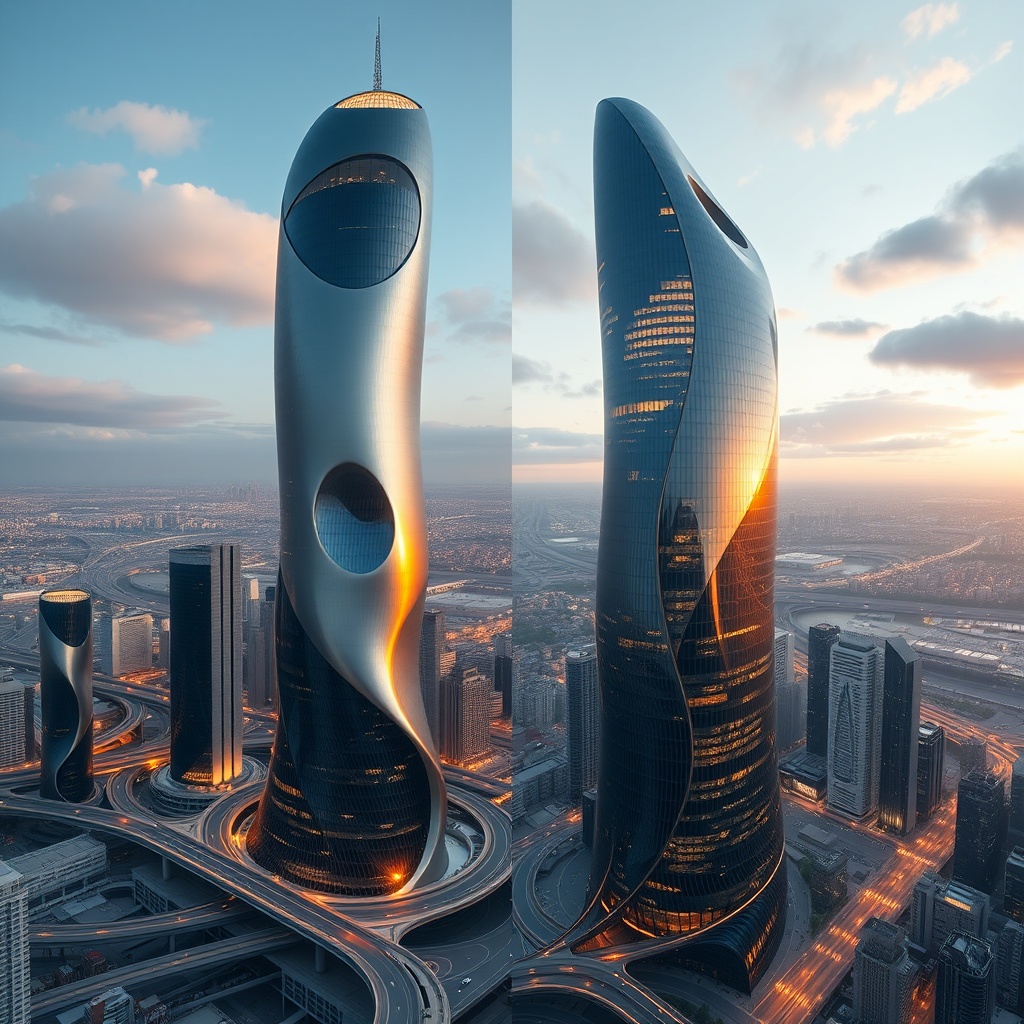 A futuristic skyscraper with sleek, curved glass facades, blending innovation with modern urban design in a smart city setting at sunset.
