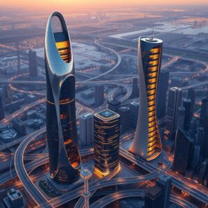 A futuristic city skyline featuring smart buildings with organic shapes, integrated with smart technology, illuminated at sunset with extensive urban infrastructure.