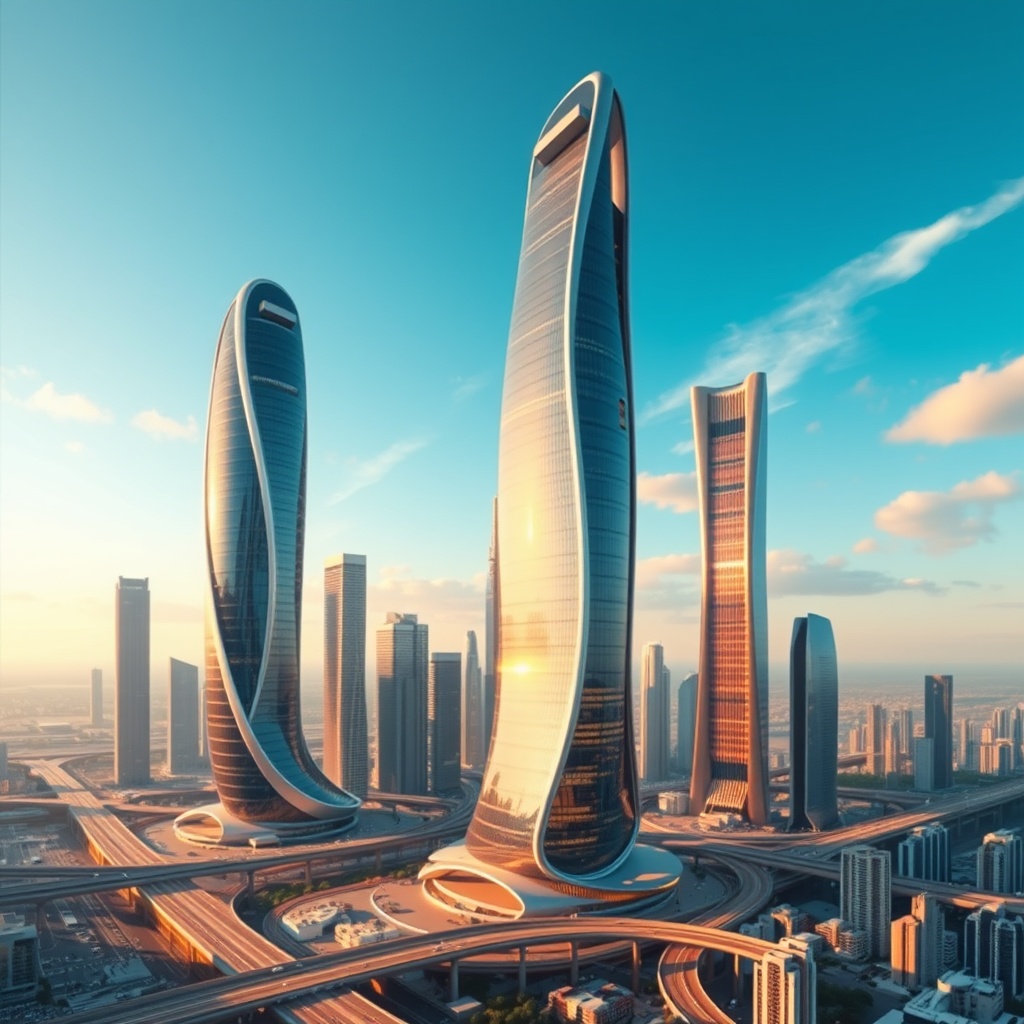 Futuristic cityscape with sleek, smart skyscrapers towering over modern infrastructure under a clear blue sky.
