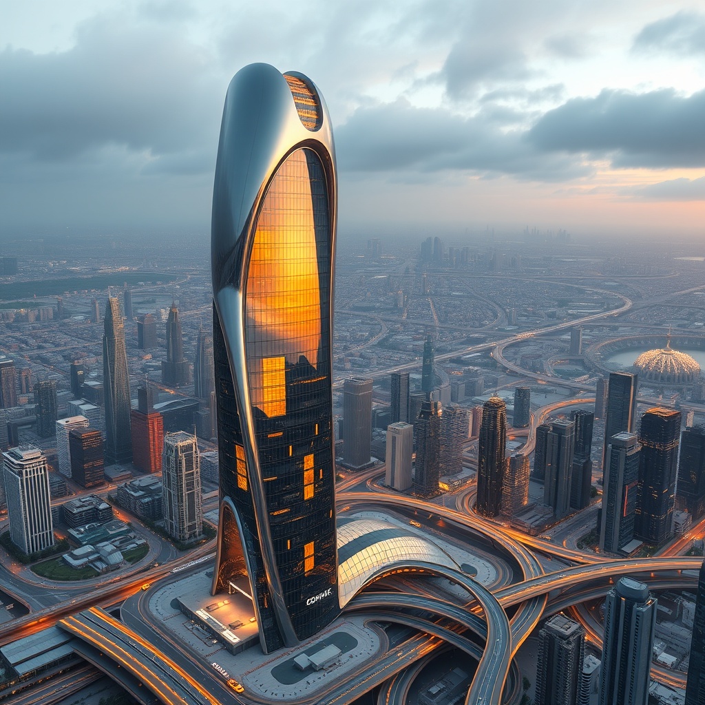 Futuristic smart skyscraper in a sprawling modern city, illuminated by the evening sun, symbolizing the evolution of urban architecture and design.
