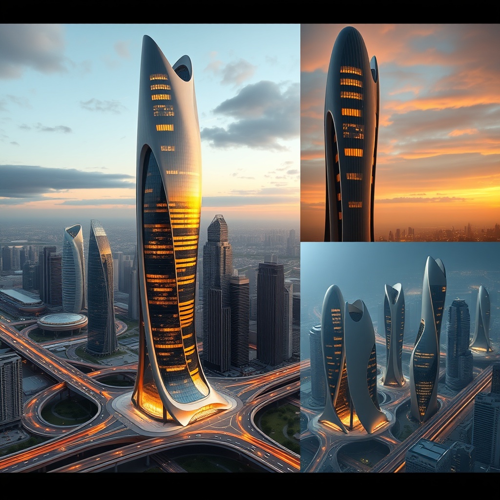 Futuristic skyscrapers designed with flowing, curved exteriors, symbolizing the advancements in smart city architecture, surrounded by modern cityscapes.
