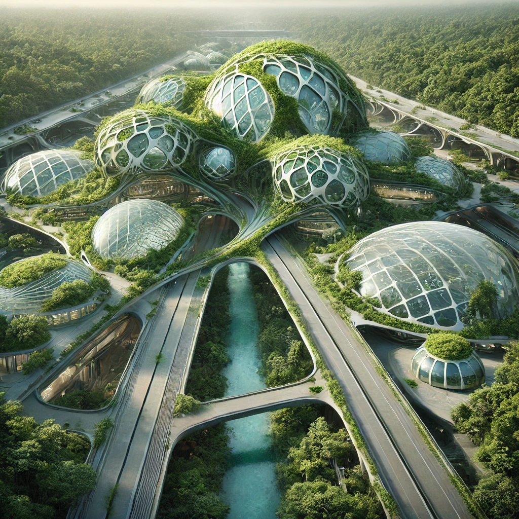 Futuristic biophilic dome architecture set within a lush, green landscape, featuring interconnected transparent domes with organic lattice structures, elevated pathways, and sustainable water channels.
