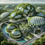 Futuristic biophilic domes integrating modern architecture with nature, featuring green roofs, transparent glass structures, and interconnected pathways.