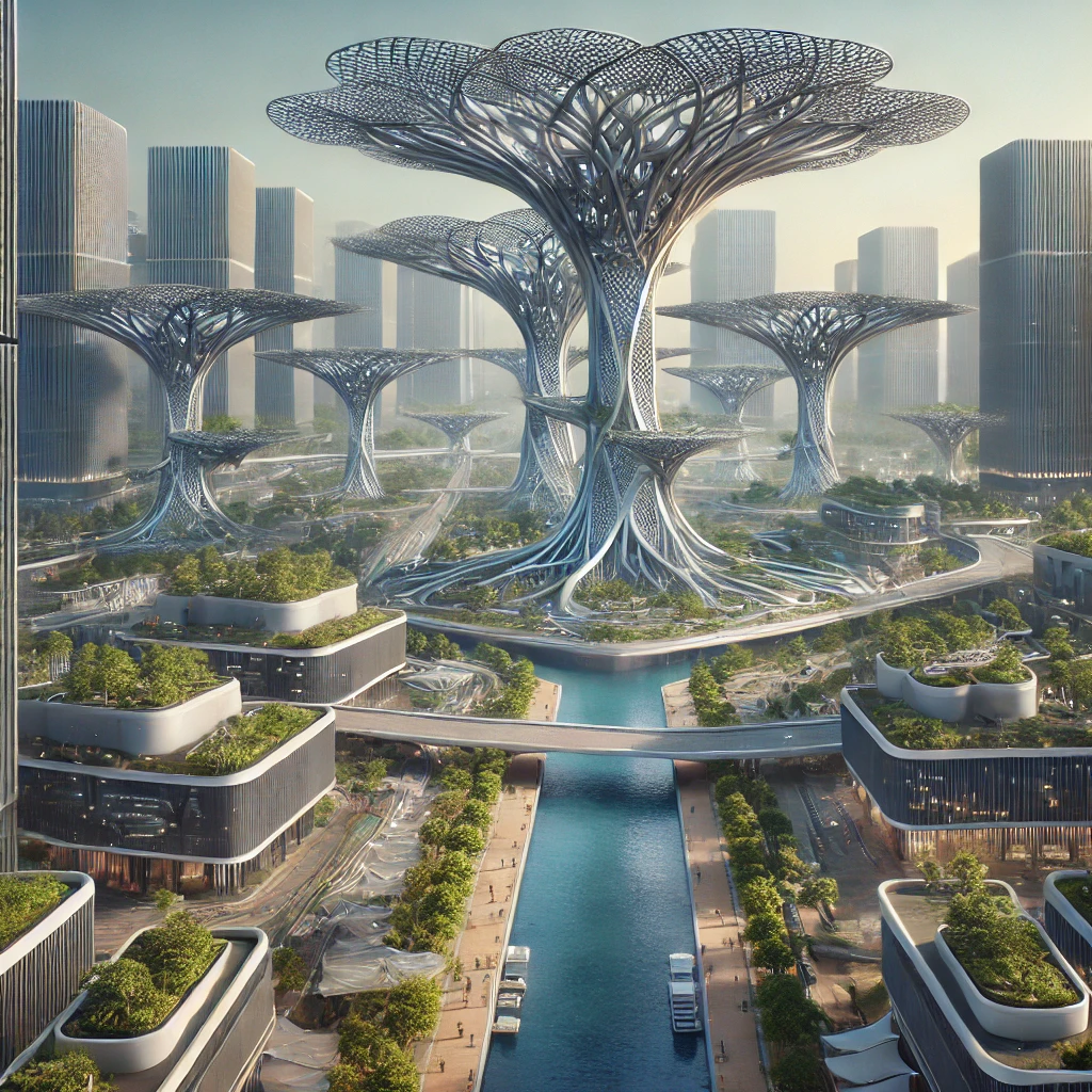 Modern futuristic architectural marvel featuring towering tree-like structures with integrated greenery and sustainable design elements.