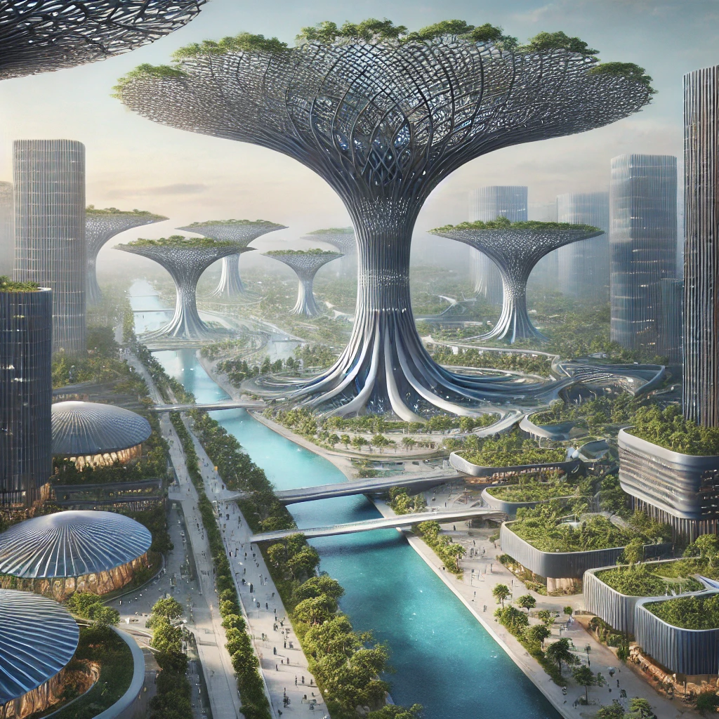 Modern futuristic architectural marvel featuring towering tree-like structures with integrated greenery and sustainable design elements.