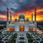 Majestic mosque with domes and minarets against a vibrant sunset sky, showcasing Islamic architectural elegance with a landscaped courtyard and water features.