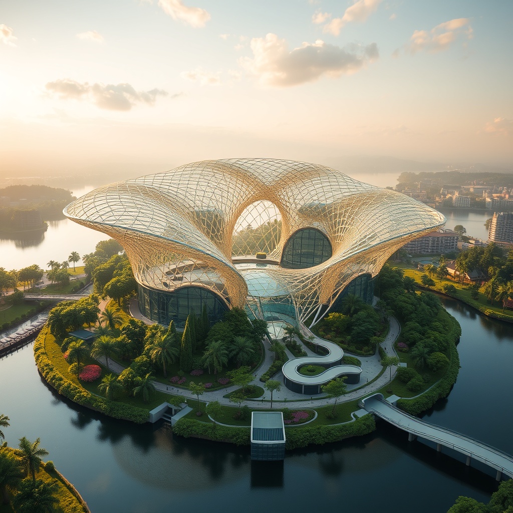 Futuristic eco-city featuring an innovative architectural structure with a nature-inspired canopy design, surrounded by lush greenery and waterways.