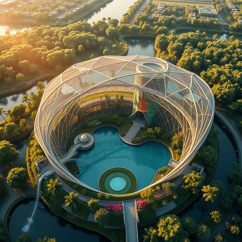 An aerial view of a futuristic eco-city design featuring a heart-shaped water body surrounded by lush greenery, modern architecture, and sustainable structures under a translucent dome.