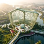 A futuristic eco-city design with a dome-shaped architectural masterpiece surrounded by waterways, gardens, and eco-friendly pathways, integrating sustainability and innovation.