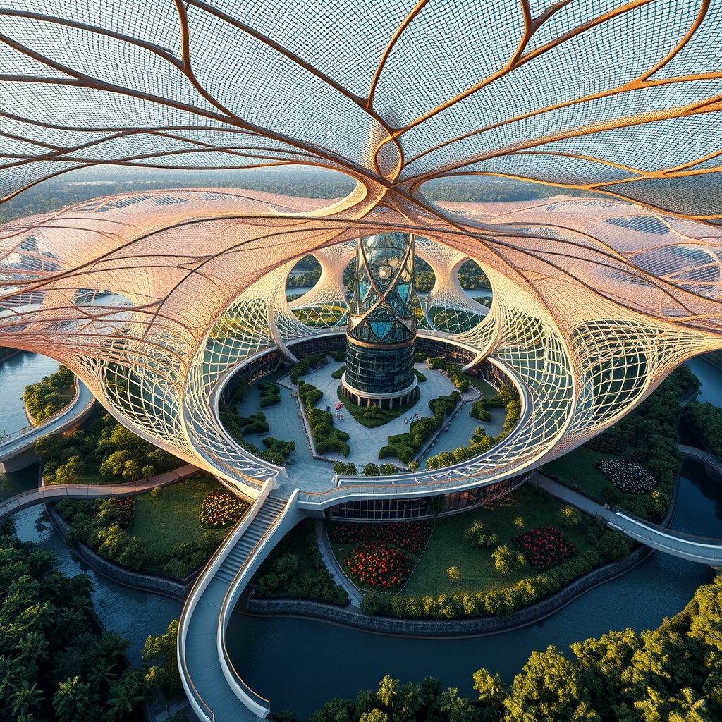 A breathtaking futuristic architectural marvel showcasing a net-like canopy enveloping a central tower surrounded by lush greenery and water features, embodying eco-city innovation.